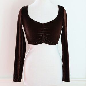 Urban Outfitters Brown Velvet Long Sleeve Ruched Crop Top Size Small